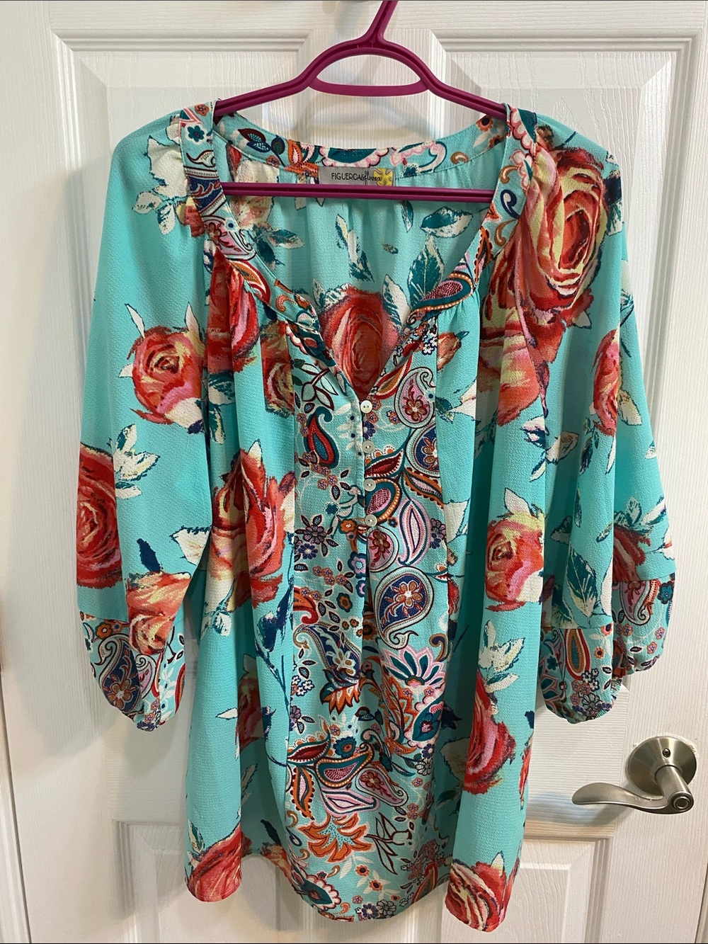 Anthropologie Fig & Flower Turquoise Floral Paisley Print Flowy Blue Top Size XL